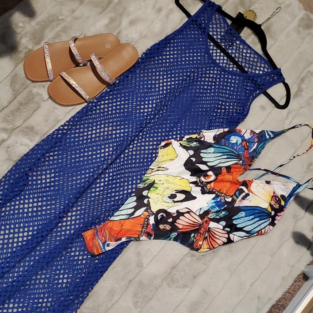 Blue and Hot Pink mesh swim cover ups